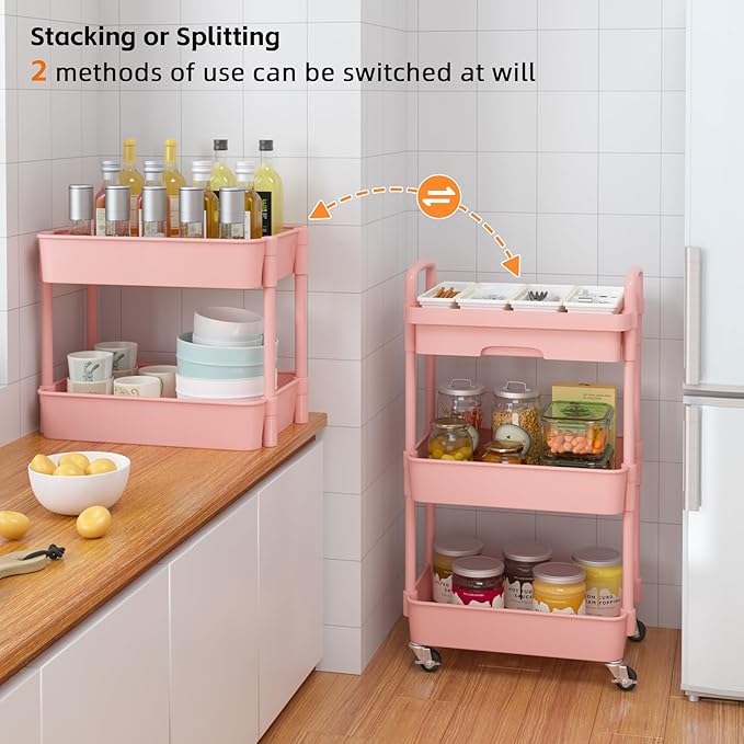 Calmootey 3-Tier Rolling Utility Cart with Drawer,Multifunctional Storage Organizer with Plastic Shelf & Metal Wheel,Storage Cart for Kitchen,Bathroom,Living Room,Office,Pink-NeatNest