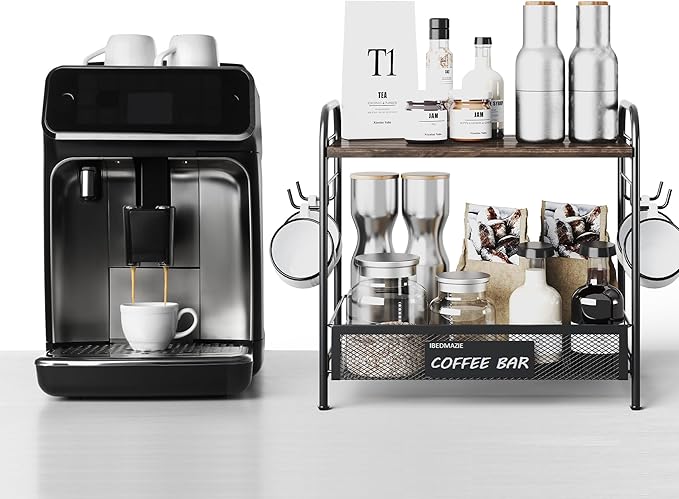 Coffee Bar Organizer for Countertop Station, Simple Assembly 2 Tier Shelf for Home,Office, Coffee Cup Holder Storage Organization for Counter Accessory Storage Rack with 4 Hooks Space-Saving-NeatNest