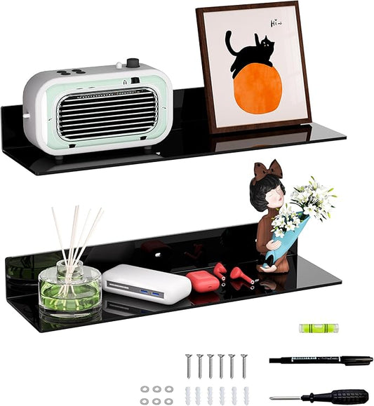 20 Inches Acrylic Wall Shelves 2 Pack, Floating Shelf for Wall Mounting, Acrylic Display Ledges for Funko Pop Figures, Home Décor, Living Room, Gaming Room, Plants(20 inch, Black)-NeatNest
