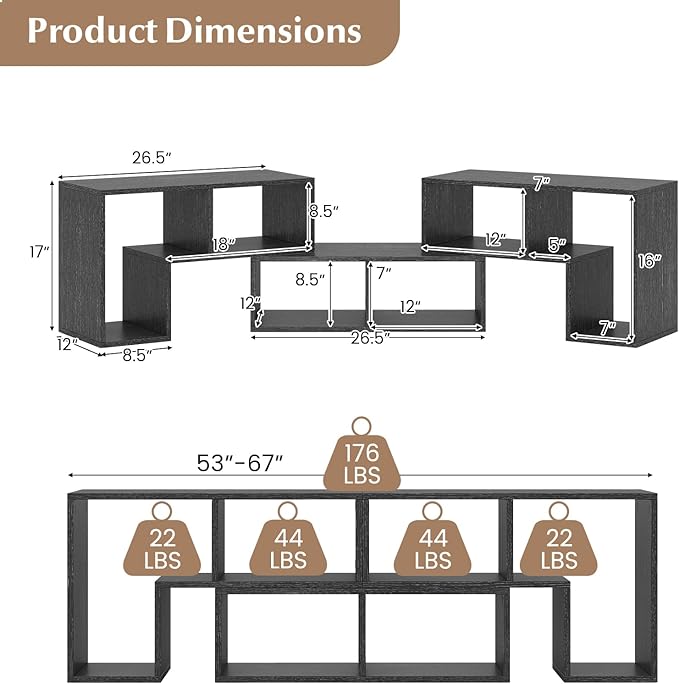 GOFLAME 3 Pieces TV Console Stand, Modern Entertainment Center for 50 55 60 65 Inch Flat Screen TV, Free Combination Bookcase for Storage & Display, Suitable for Living Room (Black Wood Grain)-NeatNest