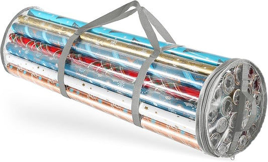 Hearth & Harbor Wrapping Paper Storage Container - Clear Wrapping Paper Holder Fits Up To 14 Rolls of 40" - Tear Proof Gift Wrap Organizer - Premium Bag for Easy Carrying, Silver-NeatNest