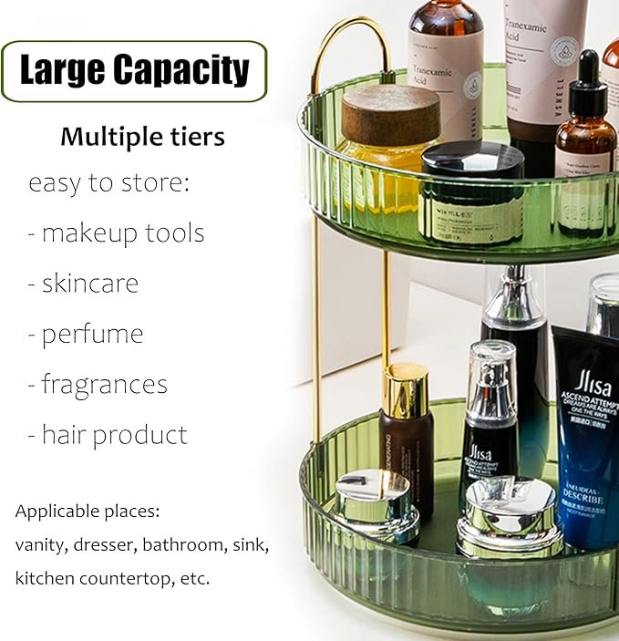 Rotating Makeup Organizer Countertop 2 Tier Lazy Susan Trays Clear Skincare Perfume Storage for Bathroom Counter Vanity, Green Gold-NeatNest