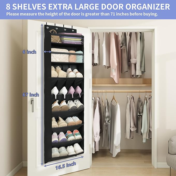 FENTEC 1 Pack 8 Shelves Over The Door Shoe Organizer, 68" Exlarge Deep Pockets Hanging Shoe Organizer, Shoe Rack for Closet, Shoe Holder for Boots,Over Door Organizer in Home, RV, Dorm, Black-NeatNest