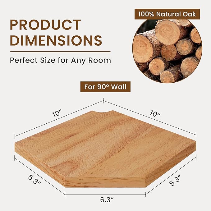 Fun Memories Corner Shelf Wall Mount, Solid Oak Wood Floating Corner Shelves with Cable Hole, 10in Rustic Design for Bedroom, Bathroom, Kitchen, Living Room (Natural, 1 Pack)-NeatNest