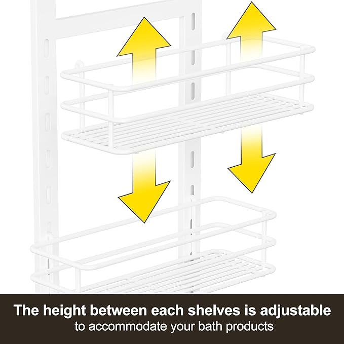Orimade Adjustable Anti-slip Shower Caddy Over Head, Rustproof Bathroom Hanging Organizer with 2 Hooks, No Drilling Shower Shelves Storage Rack 3 Tier, White