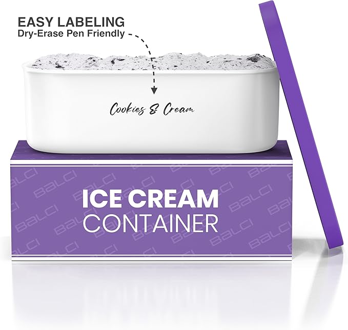 BALCI - Ice Cream Container - 2 Quart - Perfect Reusable Freezer Storage for Homemade Ice Cream Tubs for Sorbet, Frozen Yogurt and Gelato! - Flexible Silicone Lids, Long Scoop, Stackable - Purple