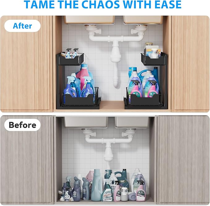 2 Pack Under Sink Organizer - Metal Bathroom Cabinet Organizer, Under Kitchen Sink Organizer and Storage Sliding Drawer for Closet, Laundry & Pantry Storage-NeatNest