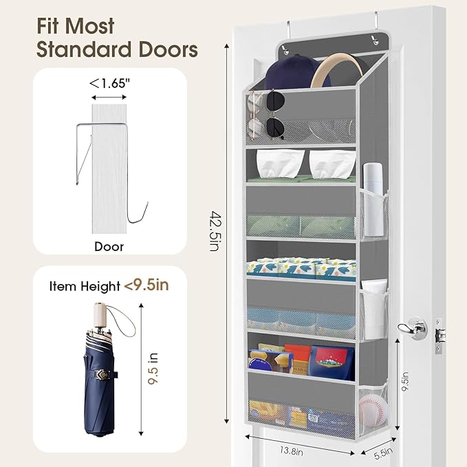 1 Pack Over The Door Organizer, Hanging Storage Organizer with Clear Window, 40lb Ultra Sturdy Large Capacity Room Organizer for Pantry Laundry Bathroom Nursery Closet Baby Essential (Grey)-NeatNest
