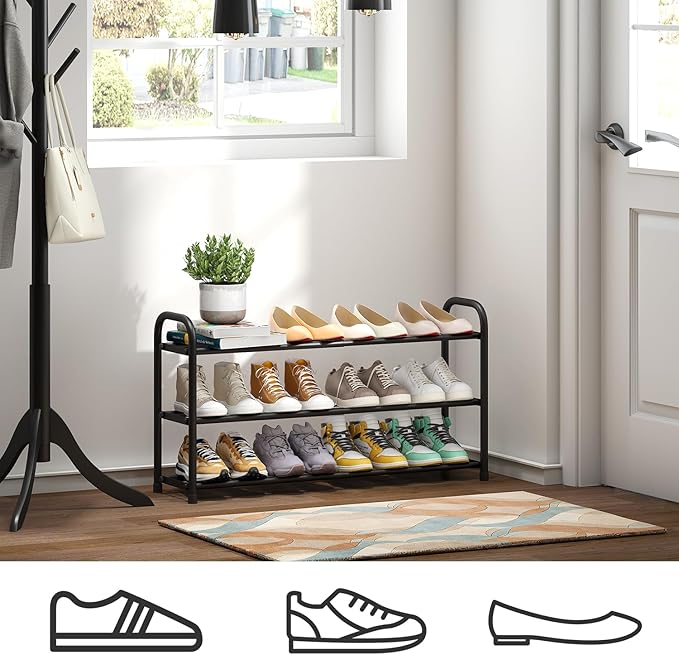 Shoe Rack for Closet, 3-Tier Expandable Shoe Organizer, Metal Adjustable Black Shoe Shelf Storage Organizer, Free Standing Shoe Rack for Entryway Closet Doorway-NeatNest