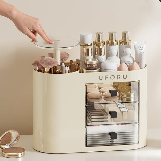 Makeup Organizer with Drawers for Vanity, 4 Slot Brush Holder with One Touch Open,Spacious Cosmetic Storage for Dresser Vanity and Bathroom Countertop, Beauty Holder for Lipstick Skincare(White)-NeatNest