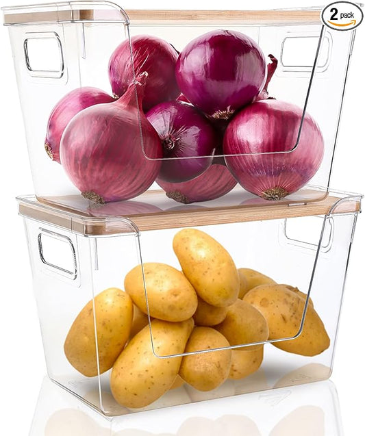 2 Set Pantry Organizers and Storage - Stackable Pantry Storage Bin Containers for Potato, Onion, Garlic, Fruit, Vegetable, Produce - Clear Front Open Kitchen Organization Baskets with Lid