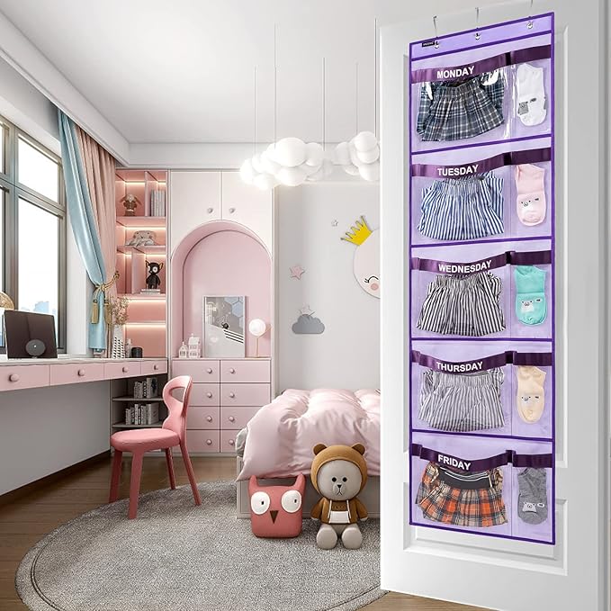 Weekly Kids Clothes Organizer Day of Week School Clothing Storage Monday to Friday Hanging Closet Organizer (Purple)-NeatNest