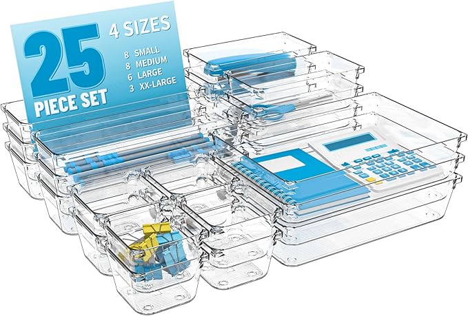 25 pc Clear Plastic Drawer Organizer Set,4 Size Small Storage Containers for Organizing Jewelry,Utensil,Junk,Tea,Makeup,Shallow Drawer Organizers Tray Suitable for Office,Desk,Bathroom,Vanity,Kitchen-NeatNest