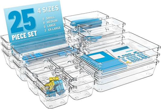 25 pc Clear Plastic Drawer Organizer Set,4 Size Small Storage Containers for Organizing Jewelry,Utensil,Junk,Tea,Makeup,Shallow Drawer Organizers Tray Suitable for Office,Desk,Bathroom,Vanity,Kitchen-NeatNest