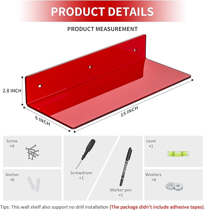 15 Inches Red Acrylic Shelves, Wall Mounted Shelves for Bedroom, Wall Display Shelves for Collectibles, Funko Pop, Speaker, Plants, 2 Pack-NeatNest