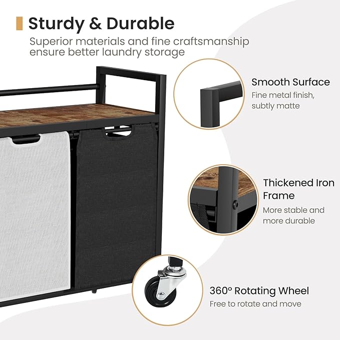 Laundry Hamper, Laundry Basket, Laundry Sorter with 2 Removable Bags, Clothes Basket with 2 Compartments, Wheels, Shelf for Laundry Room Bathroom Bedroom (2 Bags-Black Grey)-NeatNest