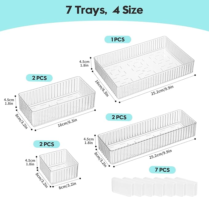 Clear Drawer Organizer Bins 7 pc Set, 4-Size Stackable Trays for Makeup Vanity Drawers, Bathroom Drawer Organizer Storage Containers for Cosmetic, Office Supplies-NeatNest