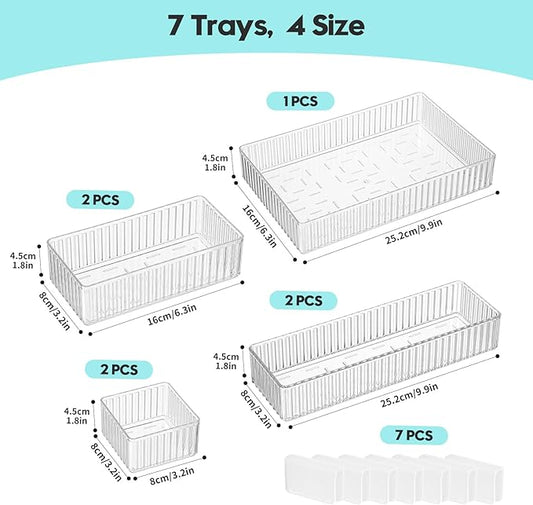 Clear Drawer Organizer Bins 7 pc Set, 4-Size Stackable Trays for Makeup Vanity Drawers, Bathroom Drawer Organizer Storage Containers for Cosmetic, Office Supplies-NeatNest