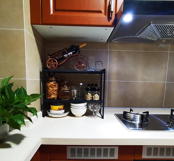 2 Tier Expandable Cabinet Shelf Organizer 14.5-25" L Kitchen Counter Shelf Rack Stand Sink Riser Countertop Storage Black (Normal 7.9”D)-NeatNest