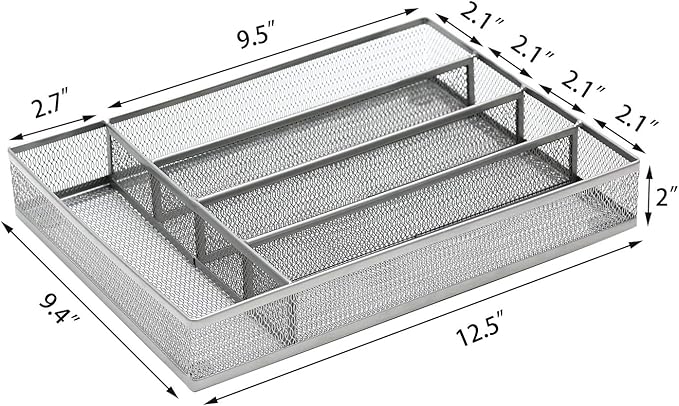 JANE EYRE Drawer Organizer, Cutlery Tray Silverware Flatware Storage Divider for Kitchen, Mesh Wire with Non-slip Foam Feet, 5 Component, Silver-NeatNest