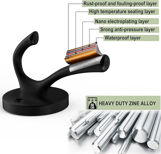Black Wall Hooks, 6 Pack Coat Towel Hook Heavy Duty Metal Double Bath Robe Hook Wall Mounted, Hat Hooks for Cubicle Bathroom Kitchen Closet Garage-NeatNest