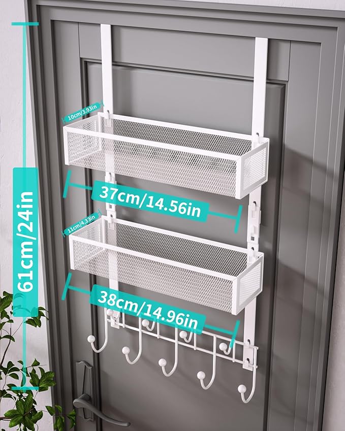 HapiRm Over The Door Organizer with Coat Hooks and 2 Baskets, Stainless Steel Rustproof Over The Door Hanger Hooks for Bathroom, Kitchen, Bedroom-White (for 1.76in Doors)