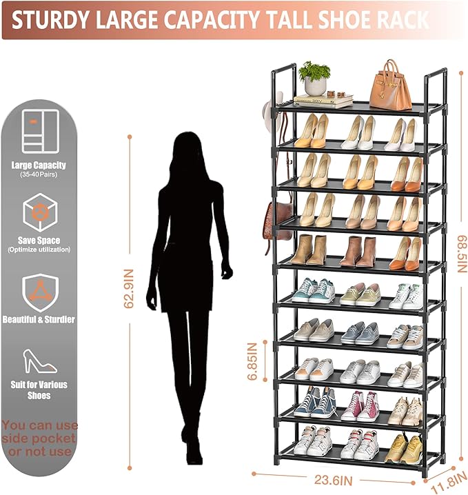 Tall Shoe Rack 10 Tier Shoe Organizer Racks for Closet Shoes Rack, Storage Metal Shoe Shelf with 5Hooks and Pocket,Sturdy Shoe Stand Tower Rack for Shoes-NeatNest