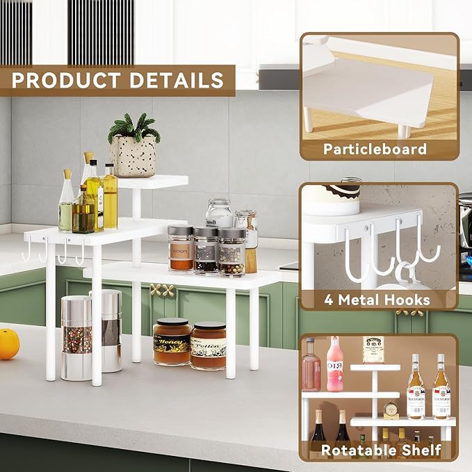 IBUYKE Countertop Organizer,3-Tier Spice Racks,Kitchen Counter Corner Shelf,4 Side Hooks,Adjustable Countertop Shelf for Kitchen, Bathroom, Coffee Bar, Cabinet, Desk,White,TLJ023W-NeatNest