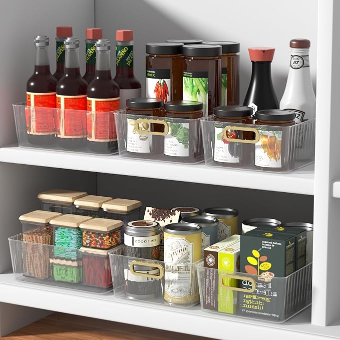 4-Pack Clear Fridge Storage Bins, Plastic Kitchen Pantry Storage Bins, 11.3" × 8.5" × 4.3"
