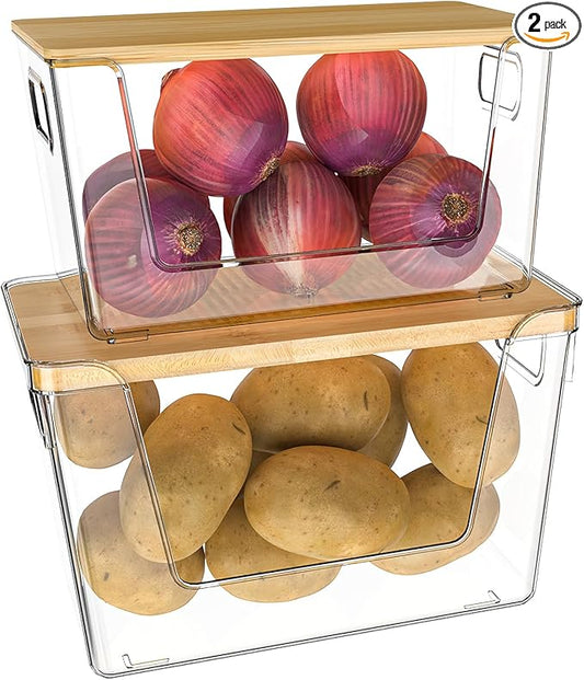 2 Set Pantry Organizer Storage, Stackable Kitchen Storage Bins with Lid & Handle, Clear Plastic Containers for Potato, Onion, Garlic, Fruit, Vegetable, Produce