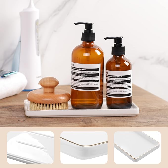 Gurygo 10" Bathroom Tray, Ceramic Vanity Trays for Bathroom, Small Ceramic Tray, Kitchen Soap Trays for Kitchen Counter (White with Gold-Edged, 10",Set/1)-NeatNest