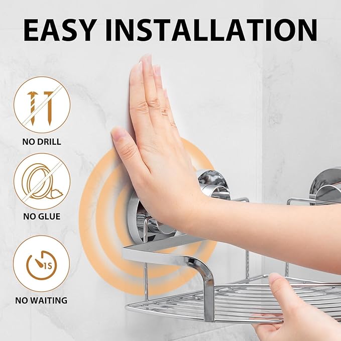 LEVERLOC Powerful Suction Cup Corner Shower Caddy 2 Pack, Stainless Steel Rustproof Shower Shelf with Hooks, Drill-Free Wall Mounted Bathroom Organizer, Large Capacity Removable Suction Basket, Silver
