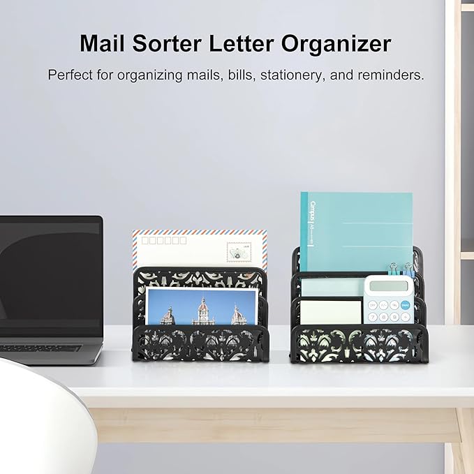 EasyPAG Desk Mail Organizer 2 Pack Office Small Letter Sorter Desktop File Organizer with 3 Vertical Upright Compartments, Black