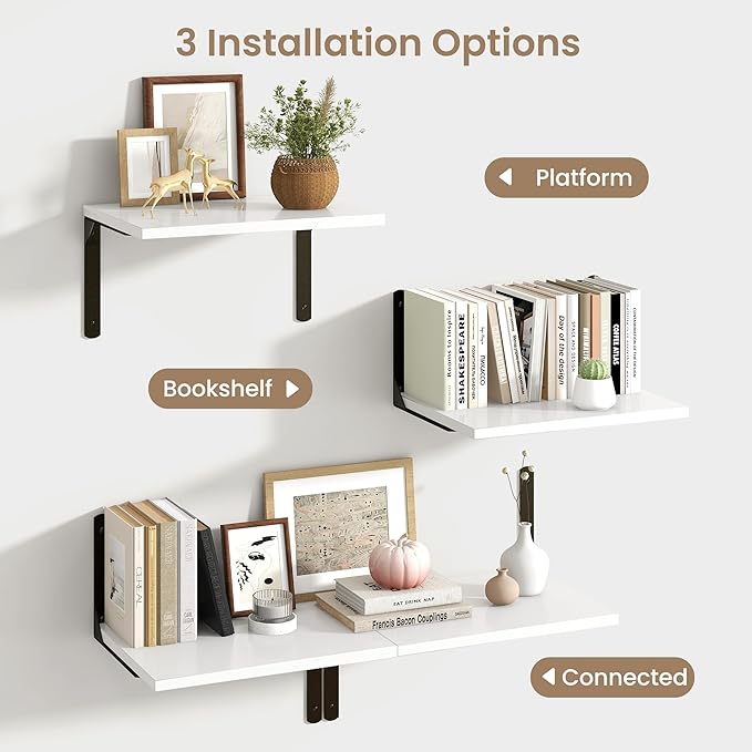 Fun Memories Floating Shelves for Wall, 12 Inch Deep Floating Shelves Set of 2, Wall Mounted Shelf with Metal Brackets, Rustic Wood Wide Shelf for Bathroom, Kitchen and Living Room, White, 16W x 12D-NeatNest