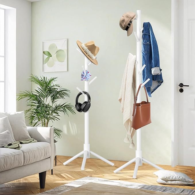 2 Pack Coat Rack, Solid Wood Coat Rack Freestanding with 8 Hooks & 3 Adjustable Heights, Simple Assembly Coat Tree for Hats, Bags, Wooden Coat Hanger Stand for Bedroom, Entryway, Office-NeatNest