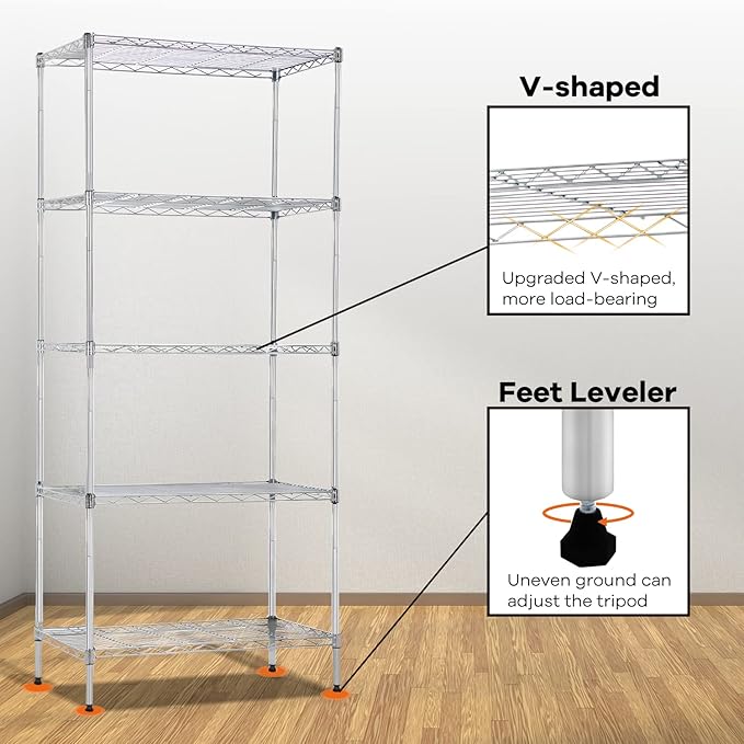 5-Tier Wire Shelving Unit Storage Shelves Metal Shelves 61''x24''x14'' Metal Shelving Unit Heavy Duty Wire Rack Shelving NSF for Home Kitchen Bathroom Garage Shelving (Chrome) NCF-MN5