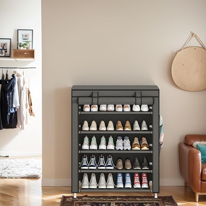 Laiensia 5-Tier Vertical Shoe Rack Organizer, Space Saving Shoe Storage Organizer, Non-Woven Cover Shoe Shelf Holds 20-25 Pairs for Bedroom, Hallway, Closet Entryway, Grey-NeatNest