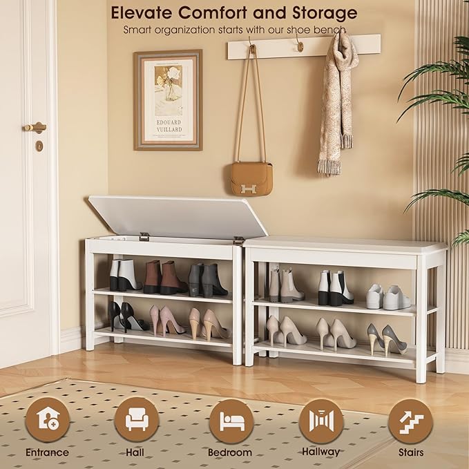 Shoe Rack Bench Seat Rubberwood 2-Tier Wooden Storage Bench 550lbs Compact Mid-Century Modern Design for Entryway, Hallway, Closet, Front Door Entrance, Foyer-NeatNest