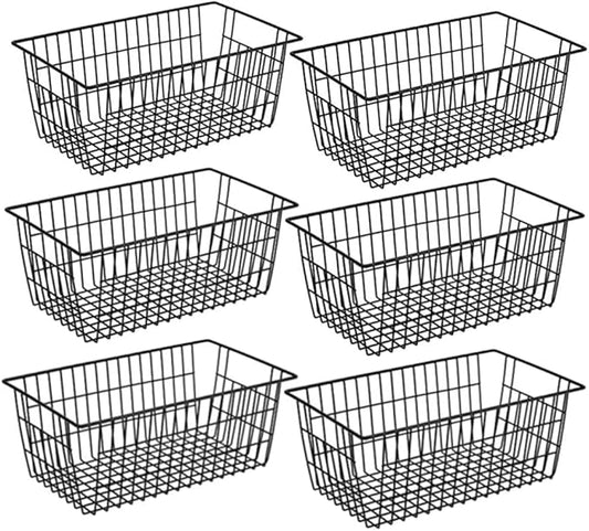 Farmhouse Wire Organizer Storage Bins Durable Metal Basket Pantry Large Organizing Storage Bin Baskets for Kitchen Cabinets, Pantry, Freezer, Bathroom,Closets-Set of 6-Black