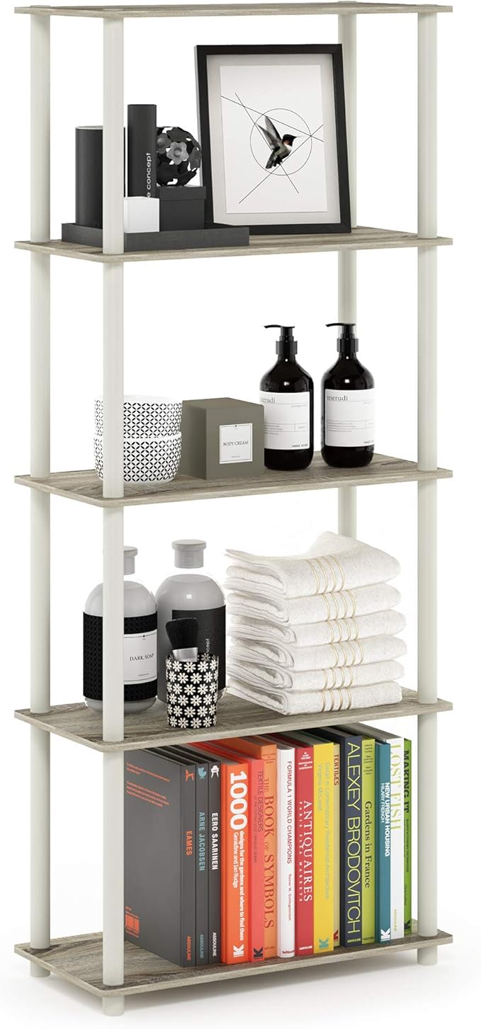 Furinno Turn-N-Tube 5-Tier Multipurpose Shelf / Display Rack / Storage Shelf / Bookshelf, Round Tubes, Sonoma Oak/White-NeatNest