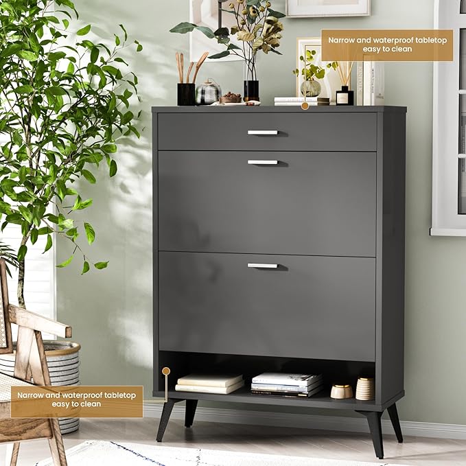 AWQM Shoe Storage Cabinet for Entryway, Free Standing Shoe Organizer with 2 Flip Drawers,Hidden Shoe Rack Storage Organizer for Doorway Hallway (Grey)-NeatNest