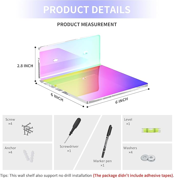6 Inches Iridescent Acrylic Wall Shelves Set of 2, Wall Mounted Storage Display Shelves for Bedroom, Gaming Room, Living Room, Bathroom, Dining Room, Office, 2 Pack-NeatNest