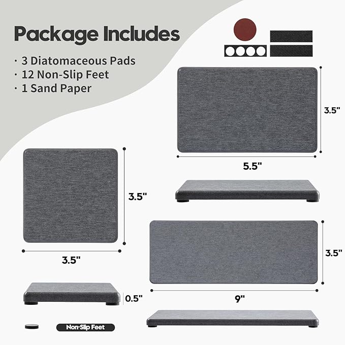 3PCS Water Absorbing Soap Dish Sponge Holder, Diatomite Stone Drying Tray Mat Sink Caddy for Kitchen Counter & Bathroom, Small Stone Bath Mat Faucet Accessories Organizer Protector,Dark Gray,9"x 3.5"-NeatNest