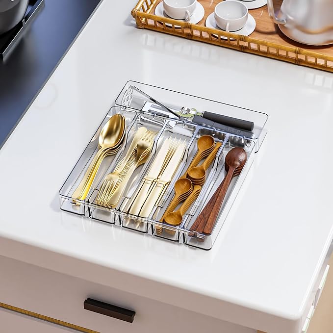Clear Silverware Organizer for Kitchen Drawers,BPA Free Cutlery Drawer Organizer,6 Slots Plastic Utensils Organizer Suitable as In-Drawer Silverware Holder and Tray,Flatware,Knife,Fork,Spoon Organizer-NeatNest