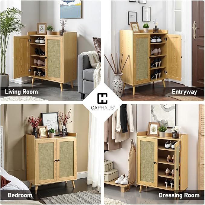 CAPHAUS 5 Tier Shoe Cabinet for Entryway, Modern Entryway Shoes Organizer w/Rattan Doors & Wooden Legs, Adjustable Shelves, Hidden Shoe Rack, Natural Oak