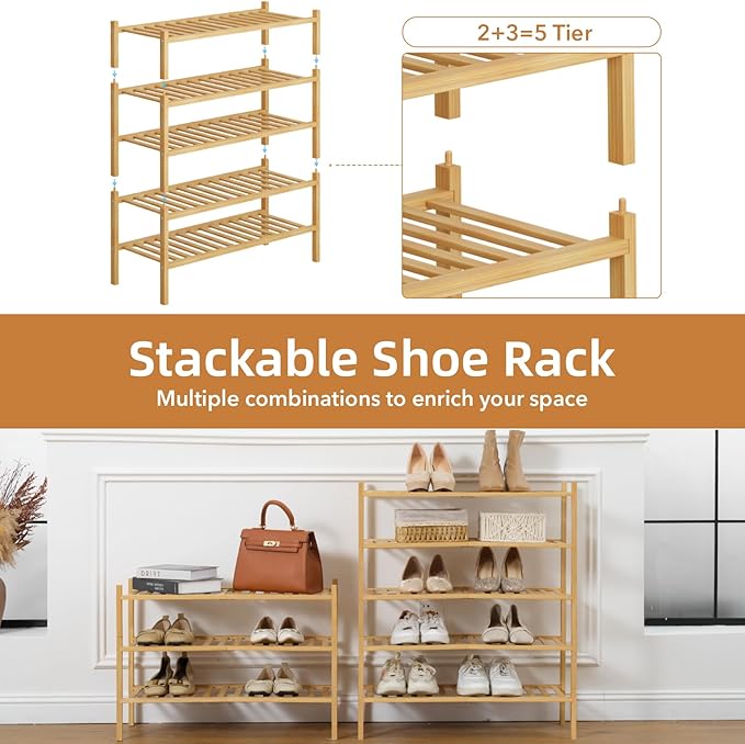 5 Tier Bamboo Shoe Rack Storage Organizer for Closet, Multifunctional Stackable Free Standing Shoe Shelf Organizer for Small Space,Entryway,Hallway,Bathroom 27"x11"x32"(Natural, 5 Tier)-NeatNest