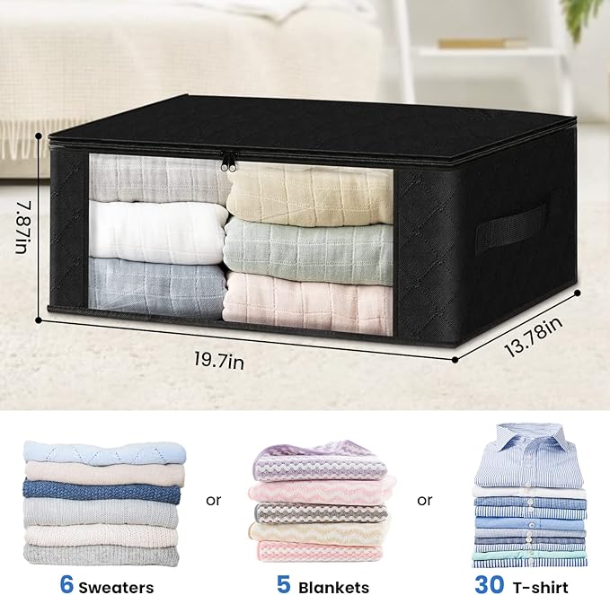 HomeHacks Storage 8-Pack Clothes Organizer Storage Bags Foldable Storage Box with Large Clear Window Sturdy Handles for Closet, Dorm, Pillows, Bedding, Clothes, Blankets, 35L, Black-NeatNest