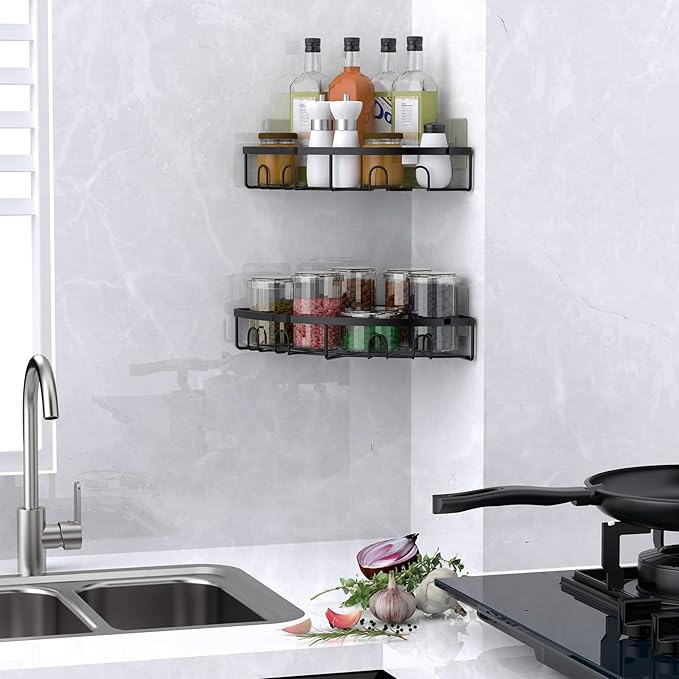 Corner Shower Caddy, 2 Pack Adhesive Bathroom Shower Corner Organizer Shelf, No Drilling Rustproof Wall Mounted Shower Storage Rack Shampoo Holder Organizer (Black)