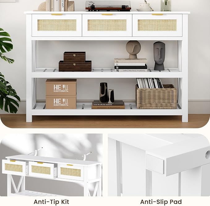 Console Table with 3 Rattan Drawers, Wooden Entryway Table with 3-Tier Storage Shelves, Display Shelf for Entryway, Hallway, Foyer and Living Room, White-NeatNest