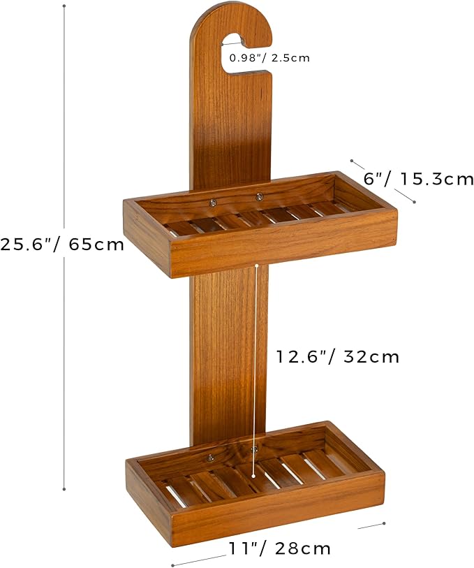 Utoplike Teak Shower Caddy Hanging, Shower Organizer Over Shower Head, Wooden Bathroom Shelf Holder with Hooks for Shampoo, Soap, Towels, No Drilling